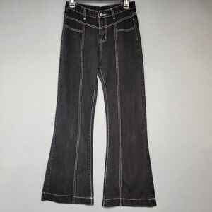 KOLLYY Denim Jeans Womens S Black Contrast Stitch Flare Leg Panel Seams Baggy